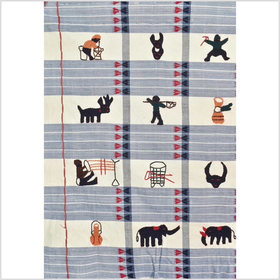 Unusual cream blue grid style cotton story quilt Naga tribal textile ethnic embroidered boho fabric Burma hill tribe tapestry Thailand India Hmong MP13