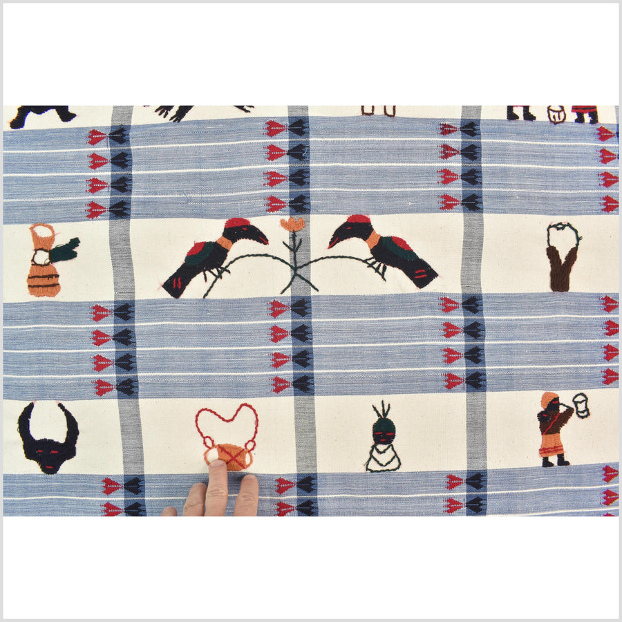 Unusual cream blue grid style cotton story quilt Naga tribal textile ethnic embroidered boho fabric Burma hill tribe tapestry Thailand India Hmong MP13