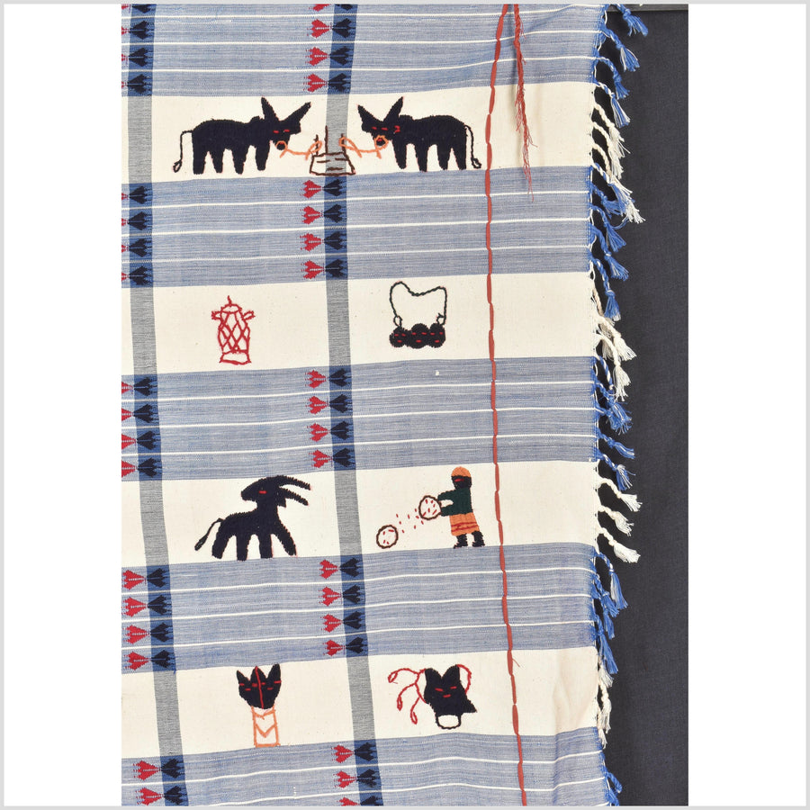 Unusual cream blue grid style cotton story quilt Naga tribal textile ethnic embroidered boho fabric Burma hill tribe tapestry Thailand India Hmong MP13