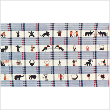 Unusual cream blue grid style cotton story quilt Naga tribal textile ethnic embroidered boho fabric Burma hill tribe tapestry Thailand India Hmong MP13