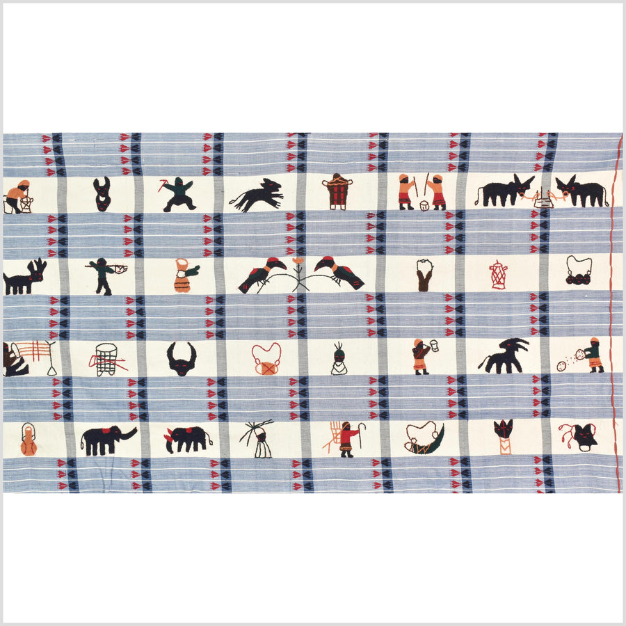 Unusual cream blue grid style cotton story quilt Naga tribal textile ethnic embroidered boho fabric Burma hill tribe tapestry Thailand India Hmong MP13