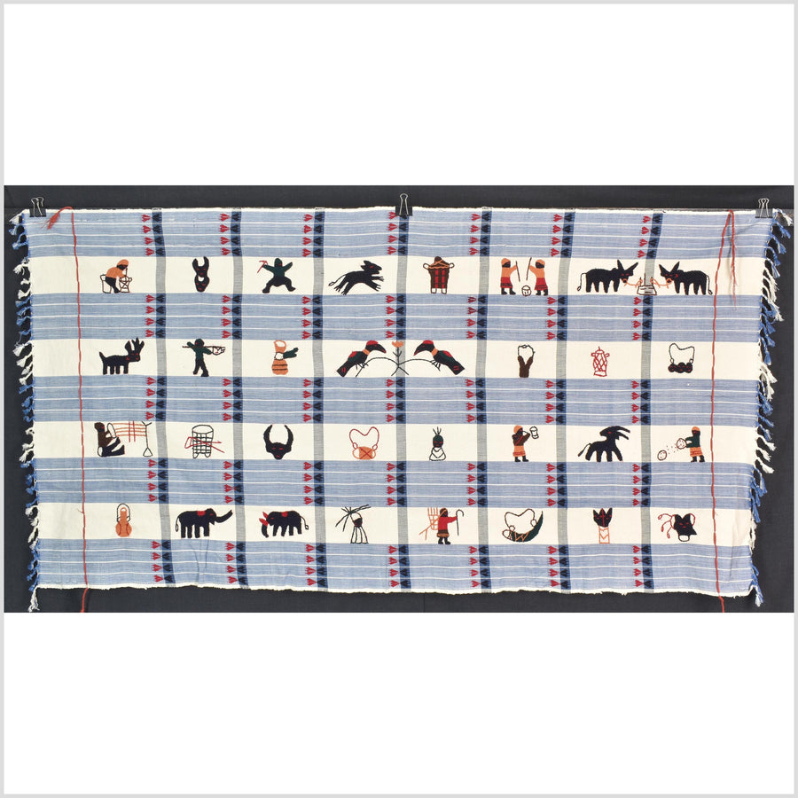 Unusual cream blue grid style cotton story quilt Naga tribal textile ethnic embroidered boho fabric Burma hill tribe tapestry Thailand India Hmong MP13