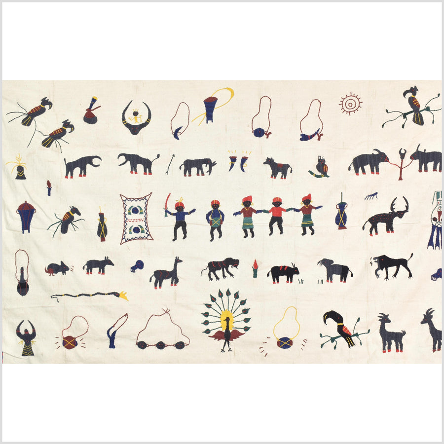 Warm off-white cotton story quilt Naga tribal textile ethnic embroidered boho fabric Burma hill tribe tapestry Thai India Hmong MP14