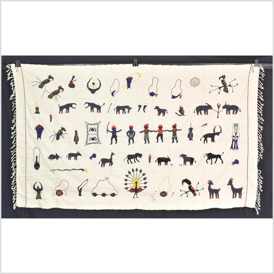 Warm off-white cotton story quilt Naga tribal textile ethnic embroidered boho fabric Burma hill tribe tapestry Thai India Hmong MP14