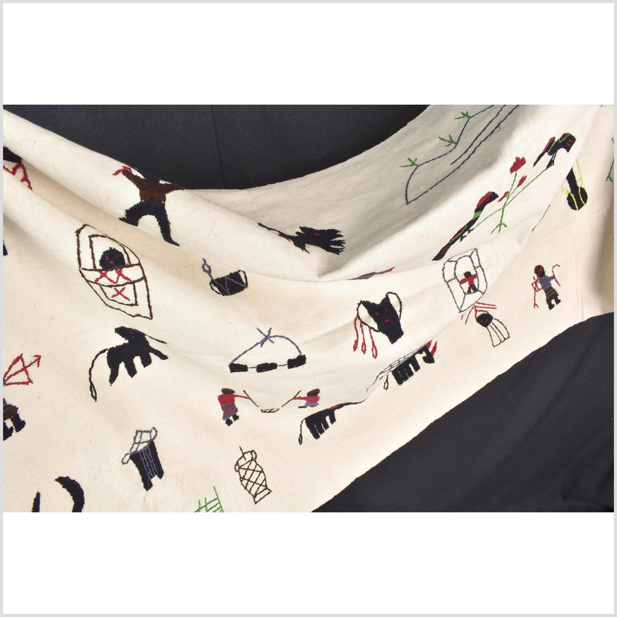 Ivory white cotton story quilt Naga tribal textile ethnic embroidered boho fabric Burma hill tribe tapestry Thai India Hmong MP15