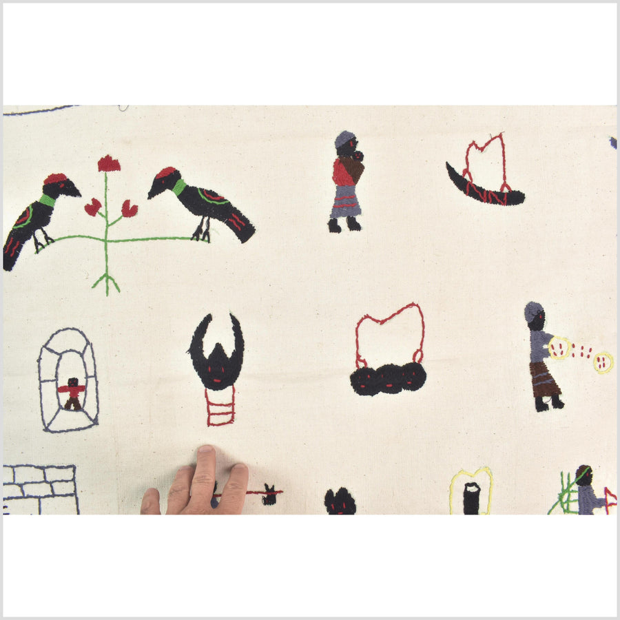 Ivory white cotton story quilt Naga tribal textile ethnic embroidered boho fabric Burma hill tribe tapestry Thai India Hmong MP15