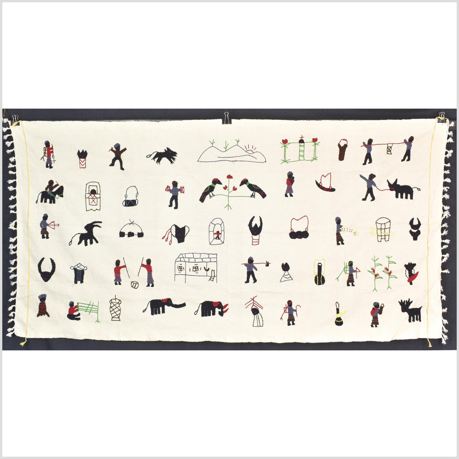 Ivory white cotton story quilt Naga tribal textile ethnic embroidered boho fabric Burma hill tribe tapestry Thai India Hmong MP15