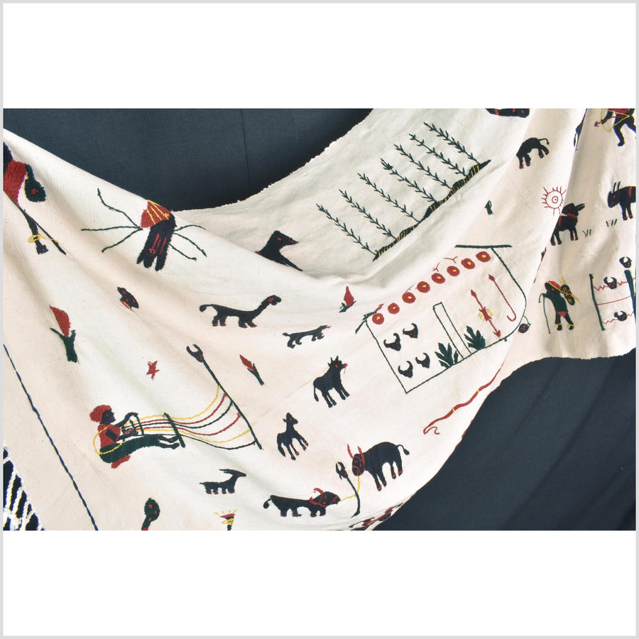 Ivory white cotton story quilt Naga tribal textile ethnic embroidered boho fabric Burma hill tribe tapestry Thai India Hmong MP16