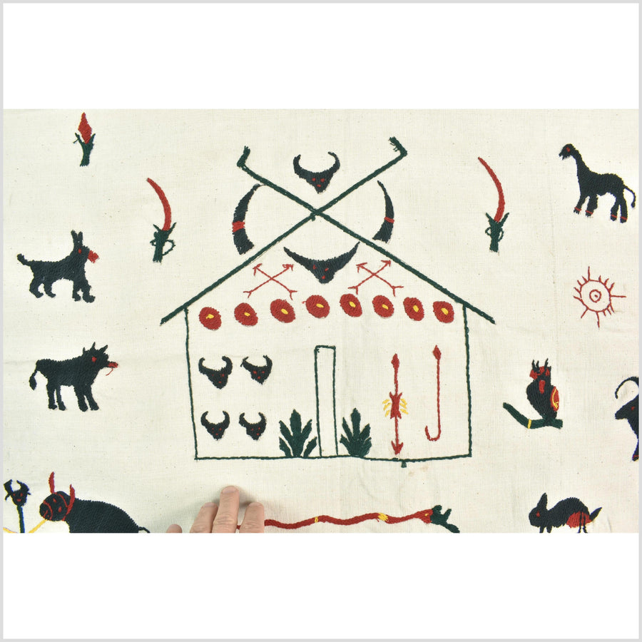 Ivory white cotton story quilt Naga tribal textile ethnic embroidered boho fabric Burma hill tribe tapestry Thai India Hmong MP16