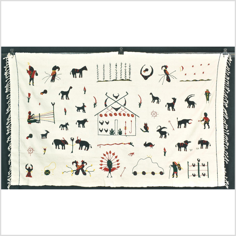 Ivory white cotton story quilt Naga tribal textile ethnic embroidered boho fabric Burma hill tribe tapestry Thai India Hmong MP16