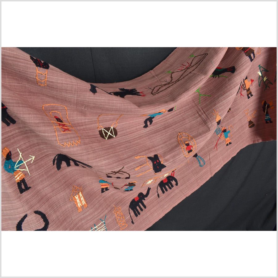 Rose mauve cotton story quilt Naga tribal textile ethnic embroidered boho fabric Burma hill tribe tapestry Thai India Hmong MP17