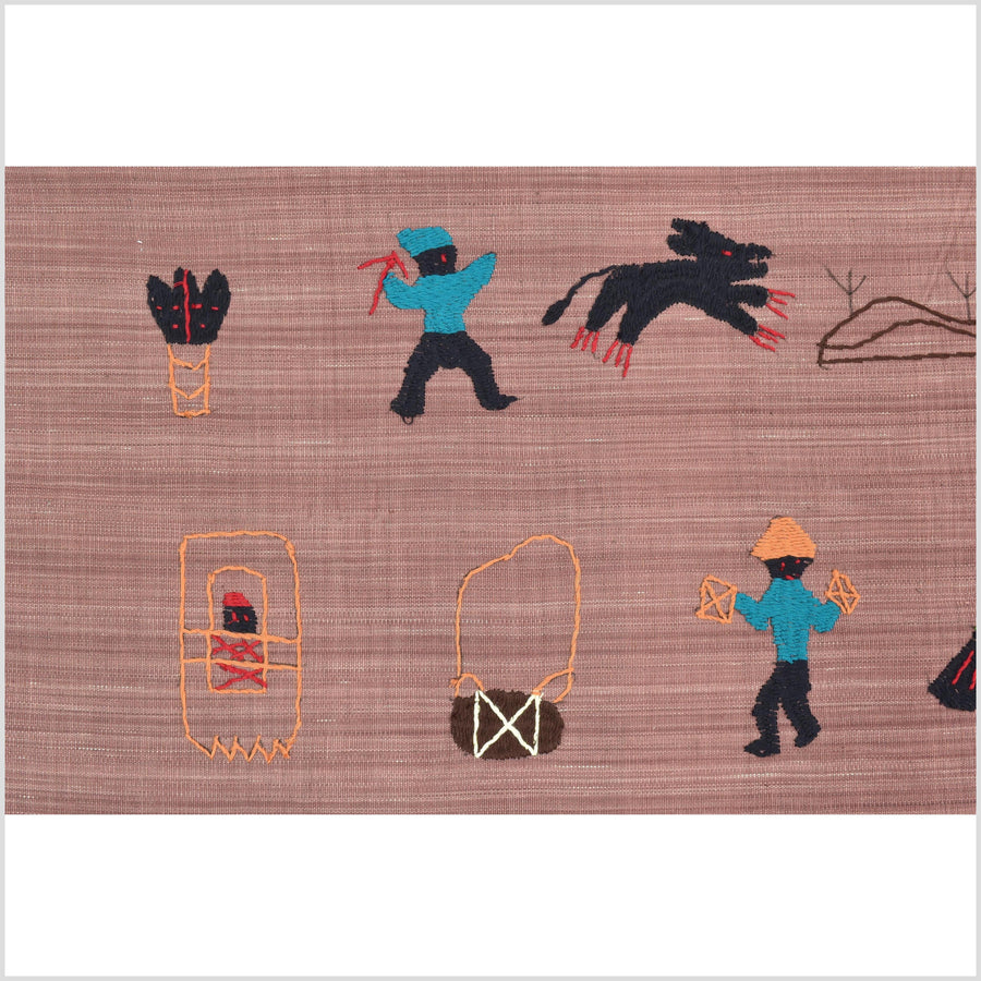 Rose mauve cotton story quilt Naga tribal textile ethnic embroidered boho fabric Burma hill tribe tapestry Thai India Hmong MP17