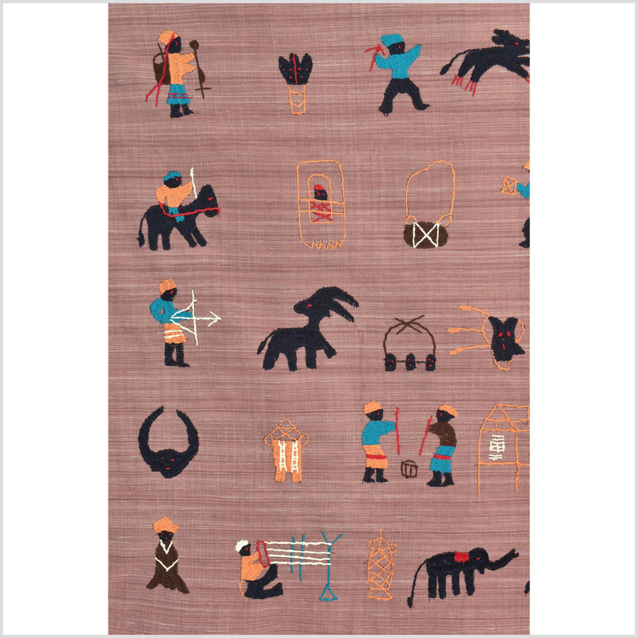 Rose mauve cotton story quilt Naga tribal textile ethnic embroidered boho fabric Burma hill tribe tapestry Thai India Hmong MP17