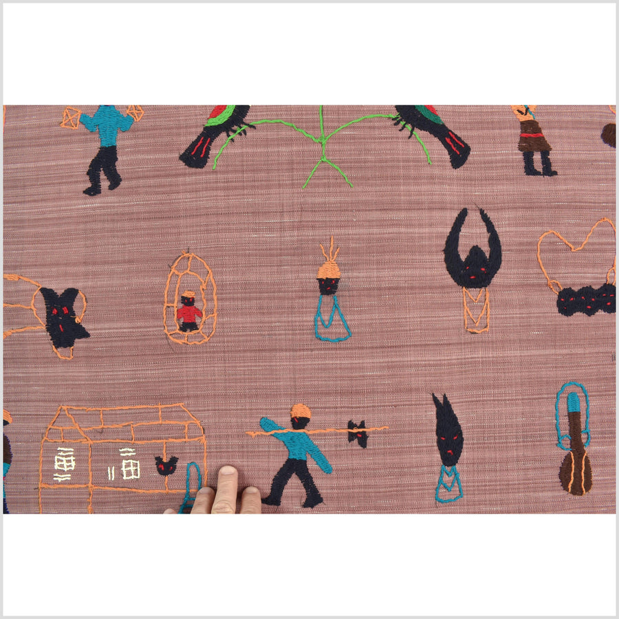 Rose mauve cotton story quilt Naga tribal textile ethnic embroidered boho fabric Burma hill tribe tapestry Thai India Hmong MP17