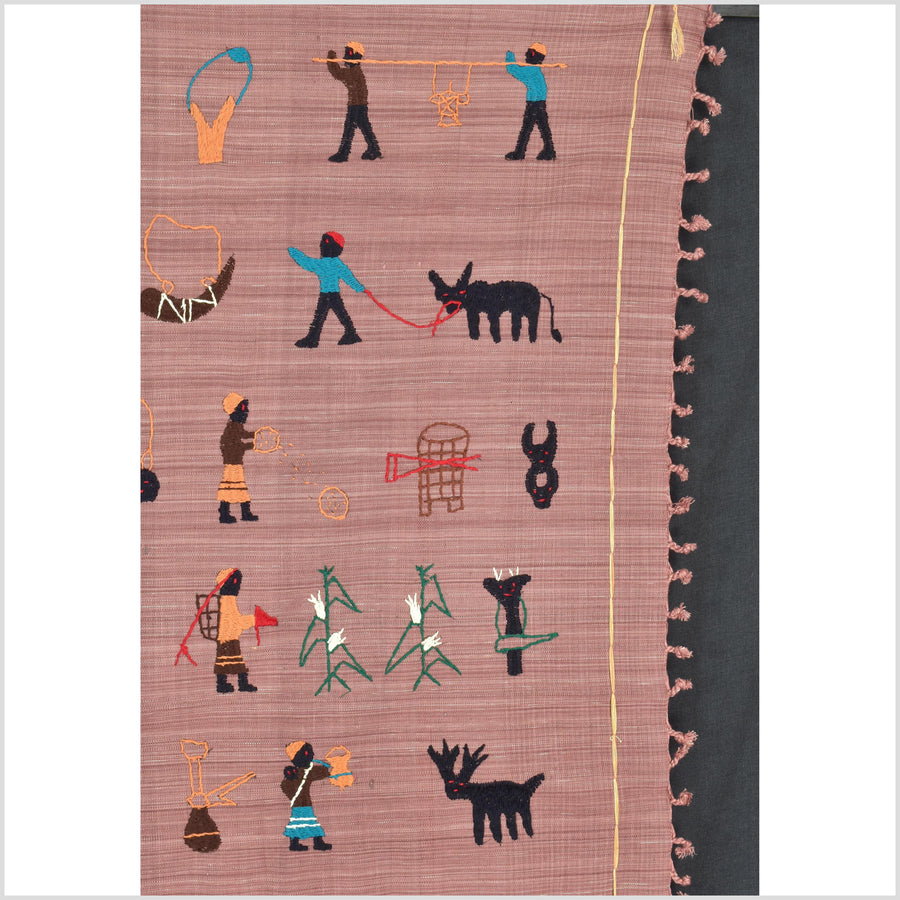 Rose mauve cotton story quilt Naga tribal textile ethnic embroidered boho fabric Burma hill tribe tapestry Thai India Hmong MP17