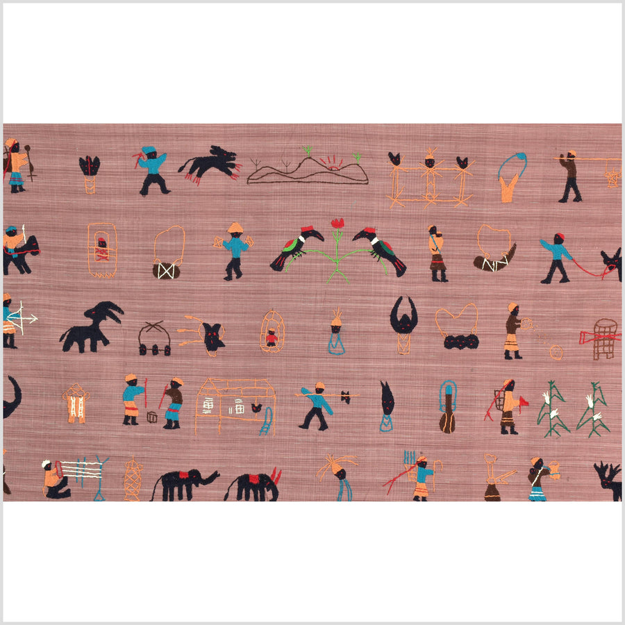 Rose mauve cotton story quilt Naga tribal textile ethnic embroidered boho fabric Burma hill tribe tapestry Thai India Hmong MP17