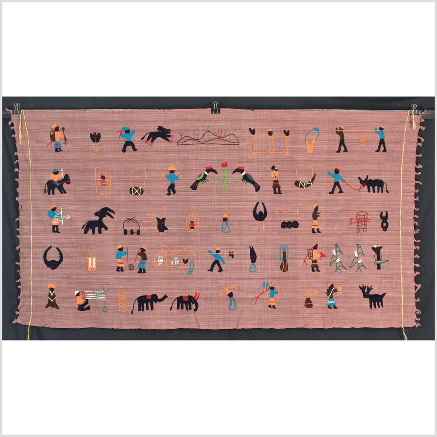 Rose mauve cotton story quilt Naga tribal textile ethnic embroidered boho fabric Burma hill tribe tapestry Thai India Hmong MP17