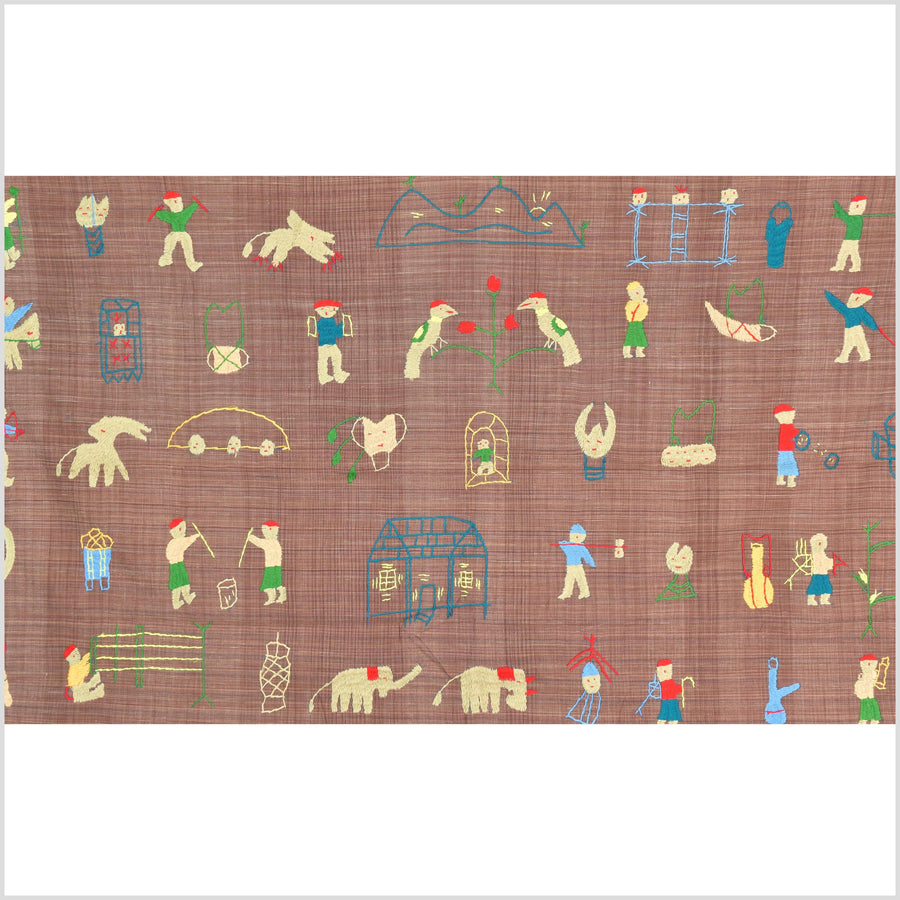 Milky tea brown cotton story quilt Naga tribal textile ethnic embroidered boho fabric Burma hill tribe tapestry Thai India Hmong MP18