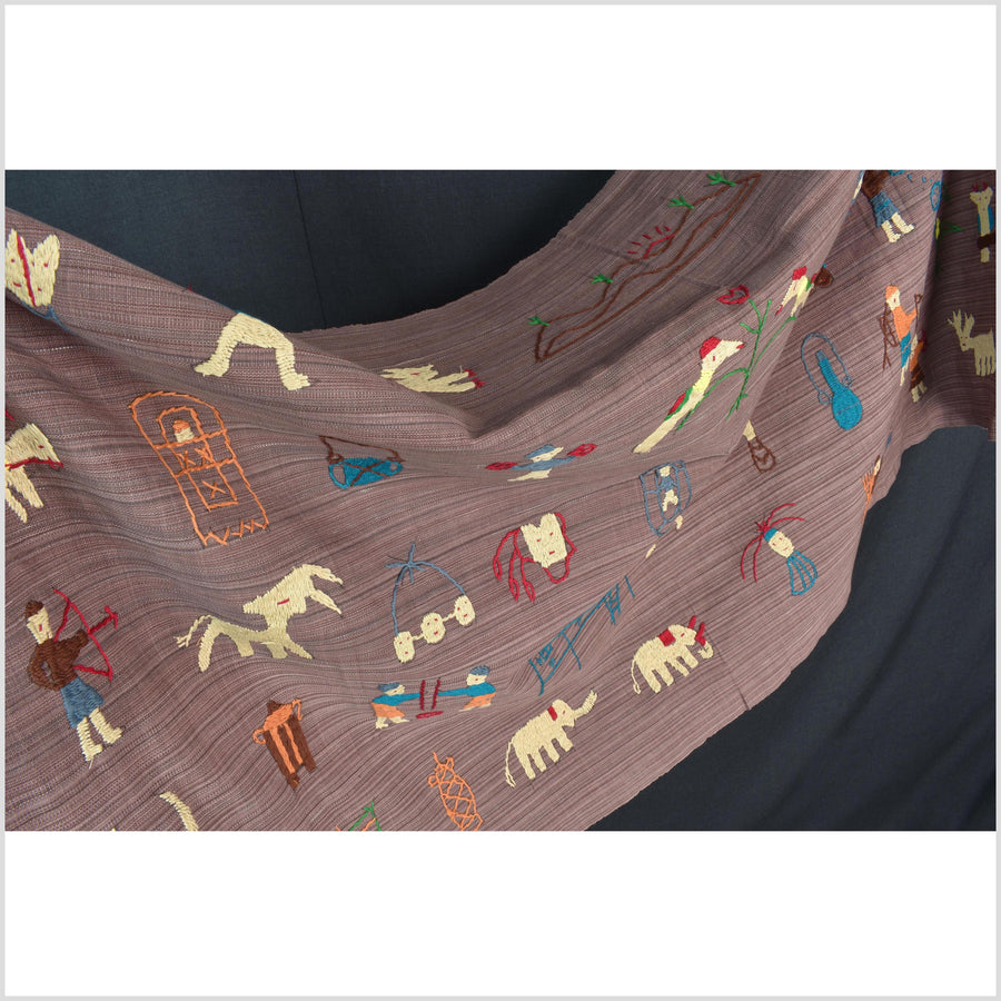 Pale blackberry cotton story quilt Naga tribal textile ethnic embroidered boho fabric Burma hill tribe tapestry Thai India Hmong MP19