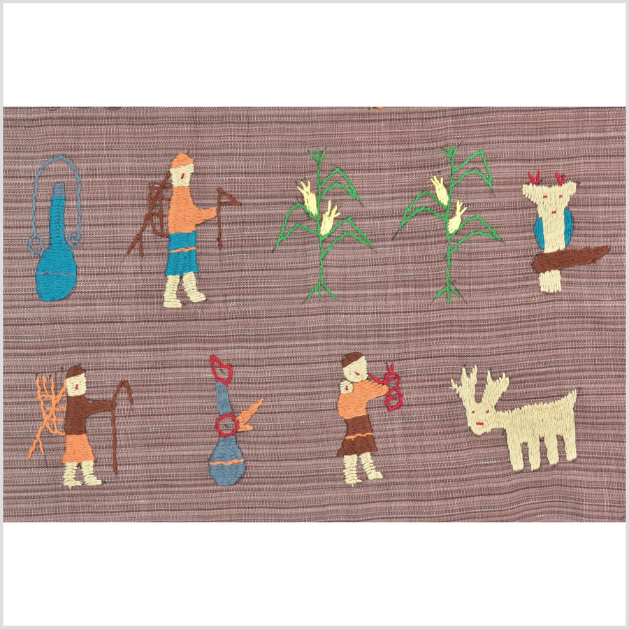 Pale blackberry cotton story quilt Naga tribal textile ethnic embroidered boho fabric Burma hill tribe tapestry Thai India Hmong MP19