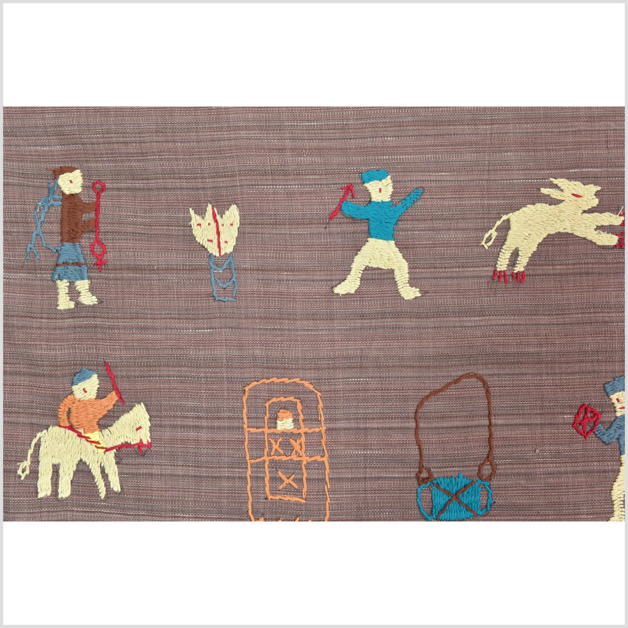 Pale blackberry cotton story quilt Naga tribal textile ethnic embroidered boho fabric Burma hill tribe tapestry Thai India Hmong MP19