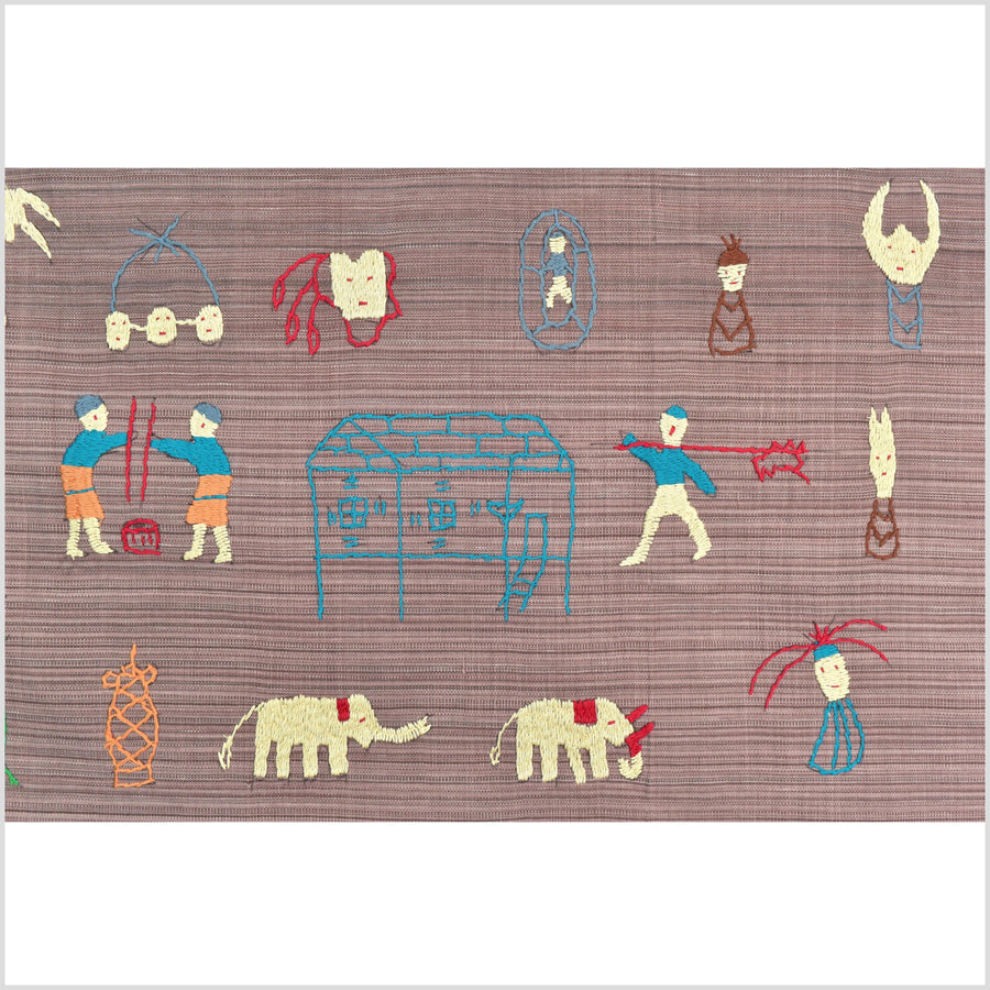 Pale blackberry cotton story quilt Naga tribal textile ethnic embroidered boho fabric Burma hill tribe tapestry Thai India Hmong MP19