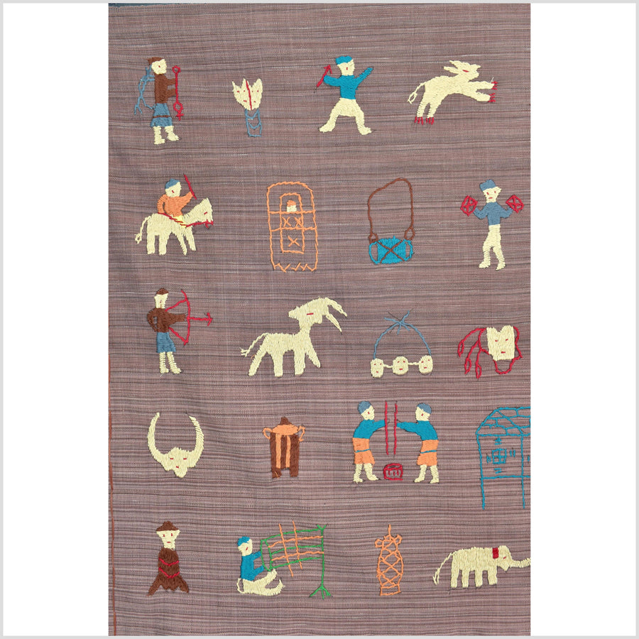 Pale blackberry cotton story quilt Naga tribal textile ethnic embroidered boho fabric Burma hill tribe tapestry Thai India Hmong MP19