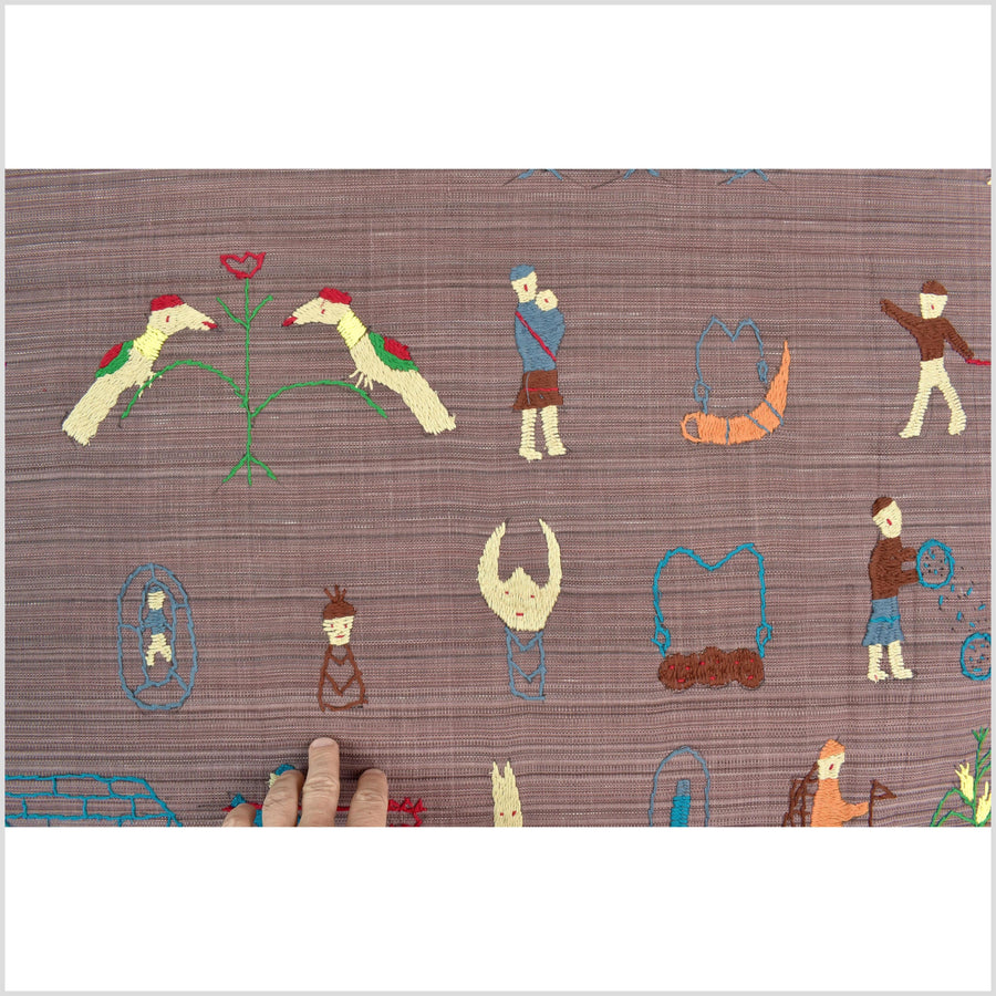 Pale blackberry cotton story quilt Naga tribal textile ethnic embroidered boho fabric Burma hill tribe tapestry Thai India Hmong MP19