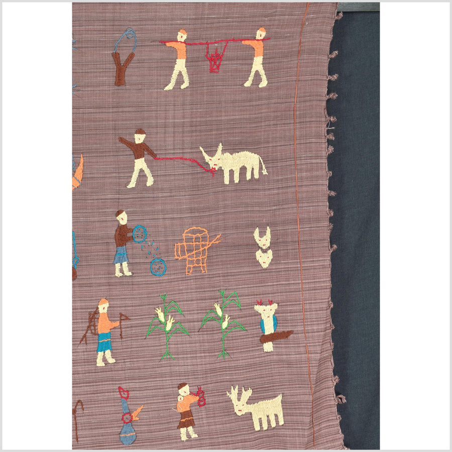 Pale blackberry cotton story quilt Naga tribal textile ethnic embroidered boho fabric Burma hill tribe tapestry Thai India Hmong MP19