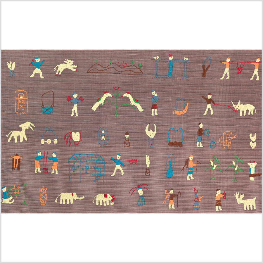 Pale blackberry cotton story quilt Naga tribal textile ethnic embroidered boho fabric Burma hill tribe tapestry Thai India Hmong MP19