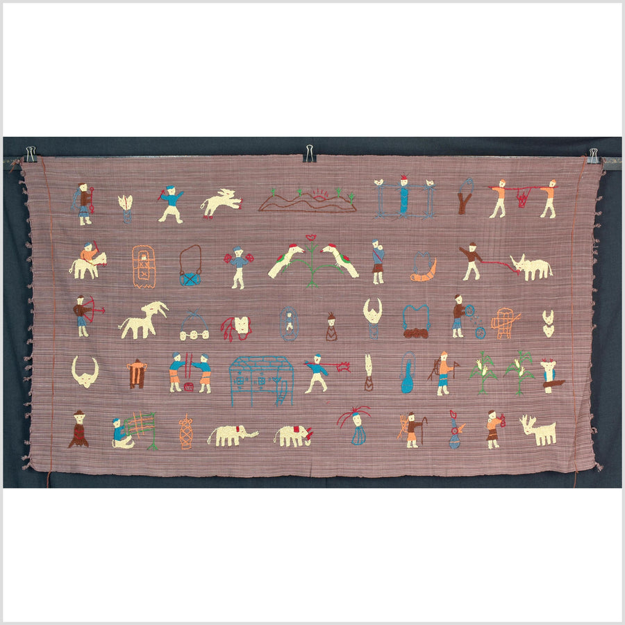 Pale blackberry cotton story quilt Naga tribal textile ethnic embroidered boho fabric Burma hill tribe tapestry Thai India Hmong MP19