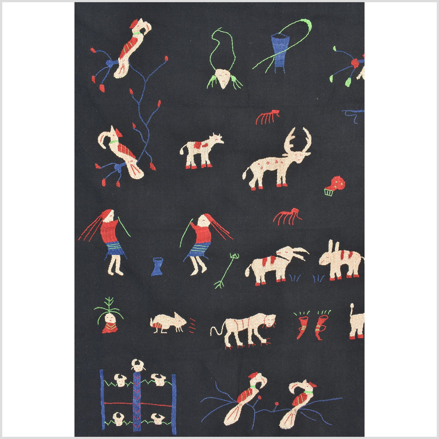 Pitch-dark black cotton story quilt Naga tribal textile ethnic embroidered boho fabric Burma hill tribe tapestry Thai India Hmong MP1