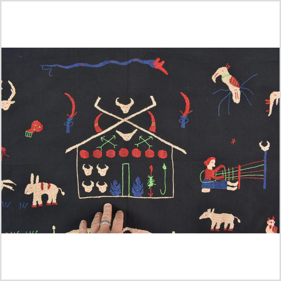 Pitch-dark black cotton story quilt Naga tribal textile ethnic embroidered boho fabric Burma hill tribe tapestry Thai India Hmong MP1
