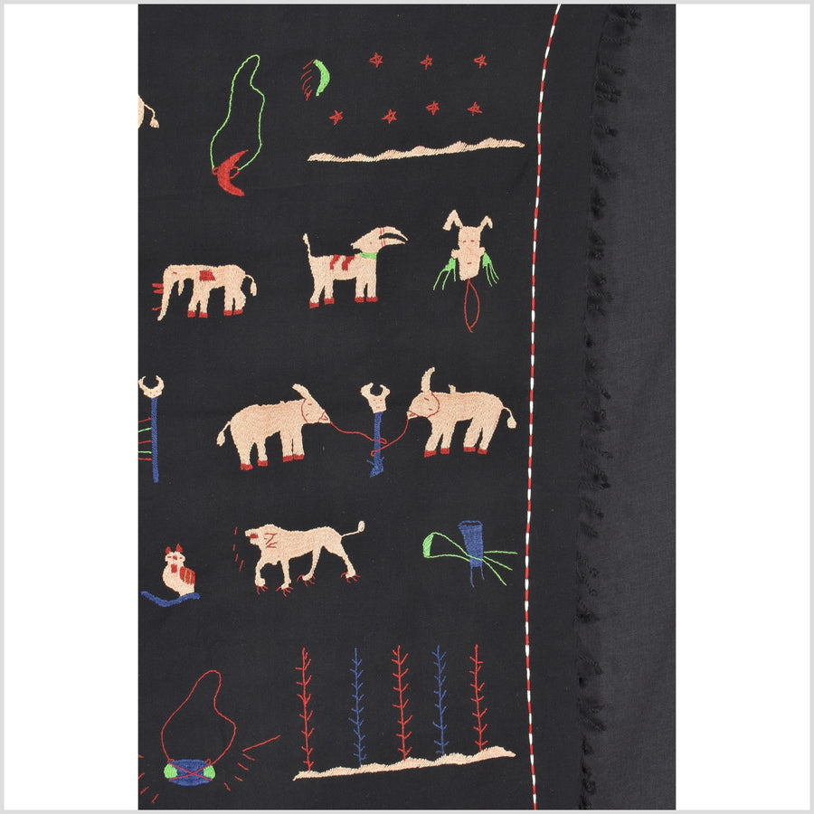 Pitch-dark black cotton story quilt Naga tribal textile ethnic embroidered boho fabric Burma hill tribe tapestry Thai India Hmong MP1