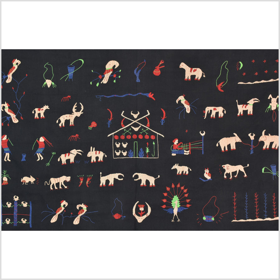 Pitch-dark black cotton story quilt Naga tribal textile ethnic embroidered boho fabric Burma hill tribe tapestry Thai India Hmong MP1