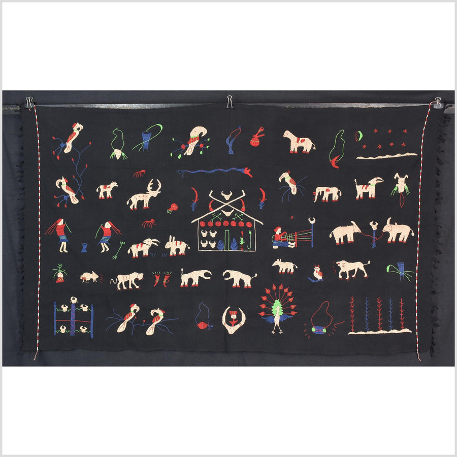 Pitch-dark black cotton story quilt Naga tribal textile ethnic embroidered boho fabric Burma hill tribe tapestry Thai India Hmong MP1