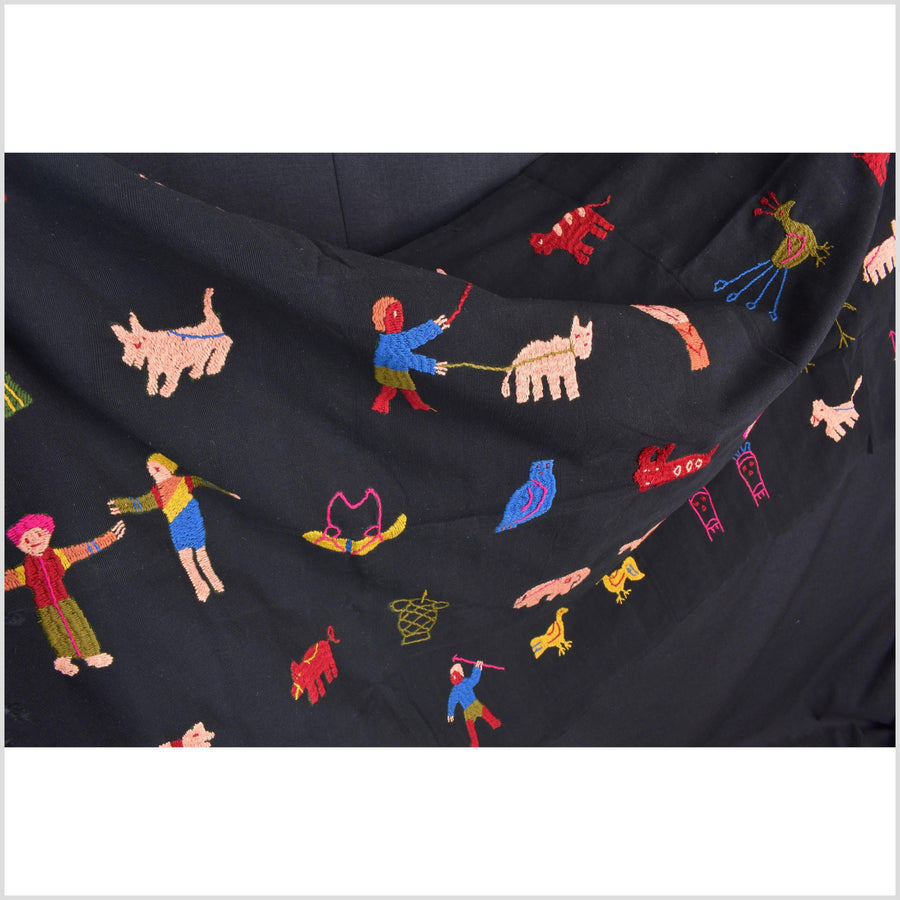 Electric black cotton story quilt Naga tribal textile ethnic embroidered boho fabric Burma hill tribe tapestry Thai India Hmong MP20