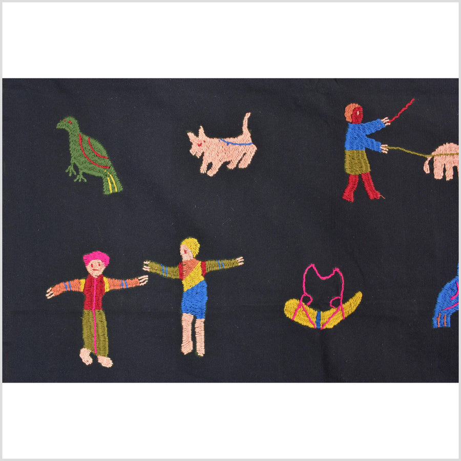 Electric black cotton story quilt Naga tribal textile ethnic embroidered boho fabric Burma hill tribe tapestry Thai India Hmong MP20