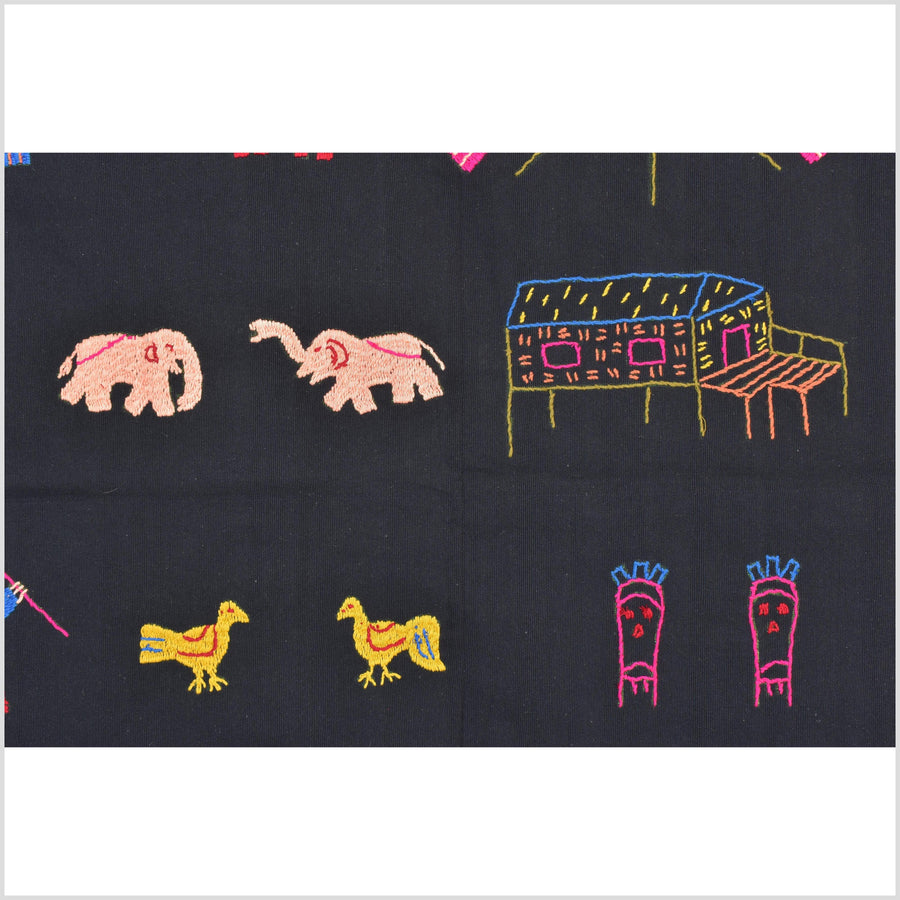 Electric black cotton story quilt Naga tribal textile ethnic embroidered boho fabric Burma hill tribe tapestry Thai India Hmong MP20
