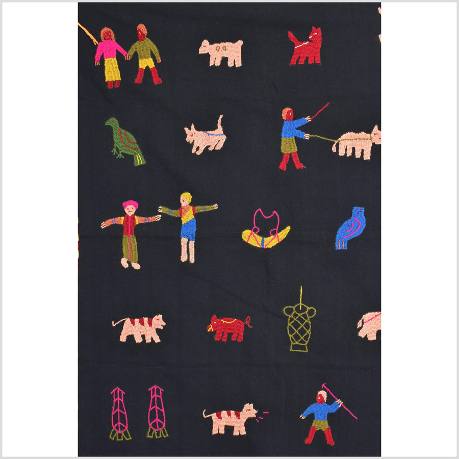 Electric black cotton story quilt Naga tribal textile ethnic embroidered boho fabric Burma hill tribe tapestry Thai India Hmong MP20