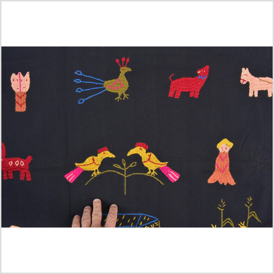 Electric black cotton story quilt Naga tribal textile ethnic embroidered boho fabric Burma hill tribe tapestry Thai India Hmong MP20