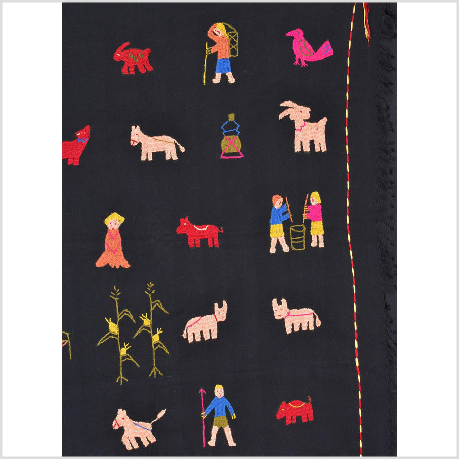 Electric black cotton story quilt Naga tribal textile ethnic embroidered boho fabric Burma hill tribe tapestry Thai India Hmong MP20