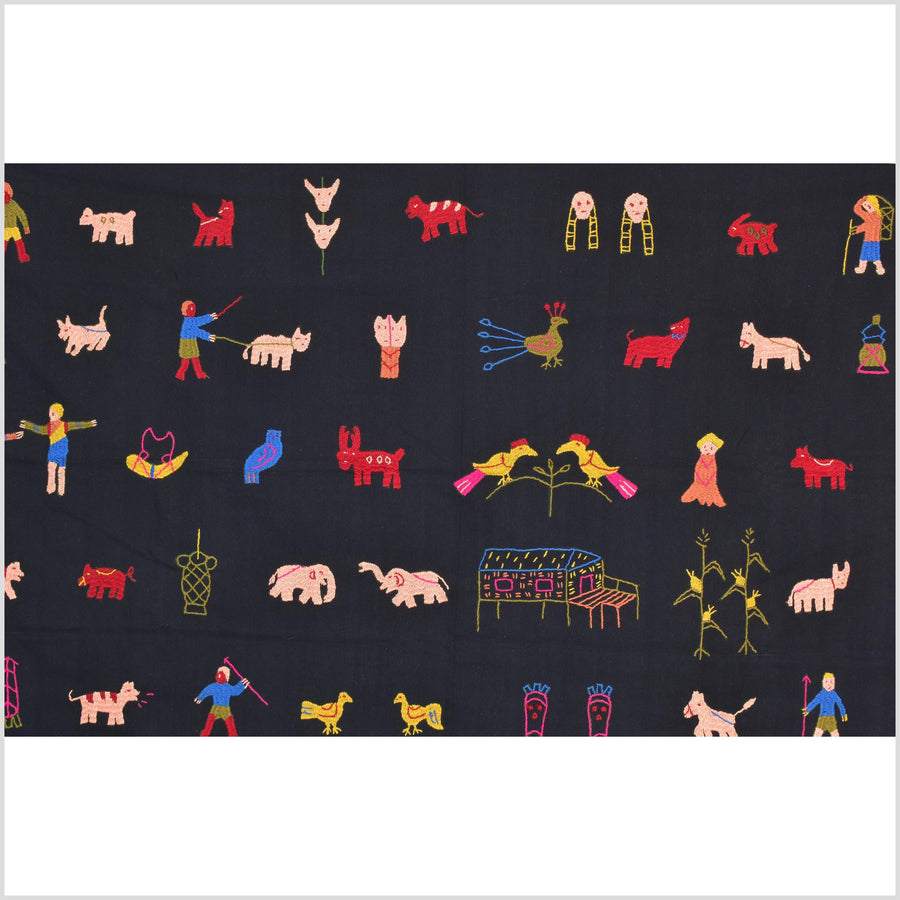 Electric black cotton story quilt Naga tribal textile ethnic embroidered boho fabric Burma hill tribe tapestry Thai India Hmong MP20