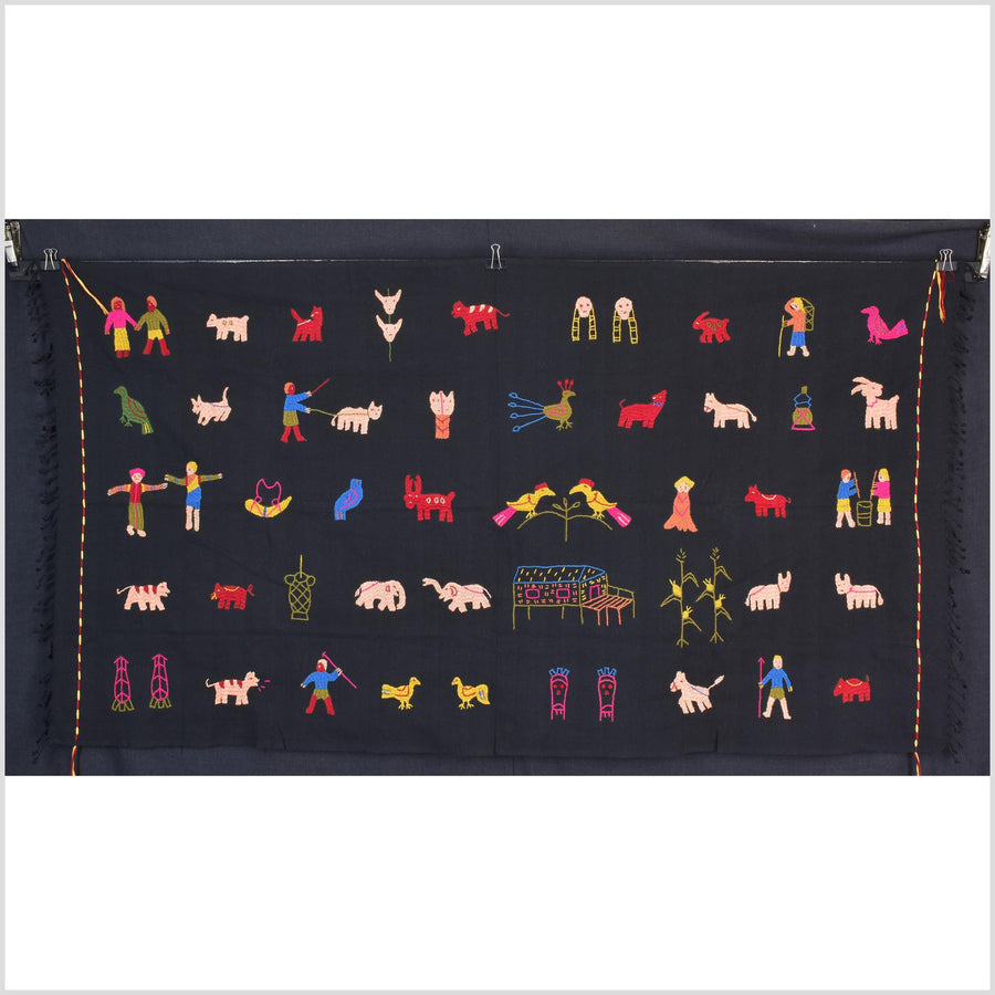 Electric black cotton story quilt Naga tribal textile ethnic embroidered boho fabric Burma hill tribe tapestry Thai India Hmong MP20