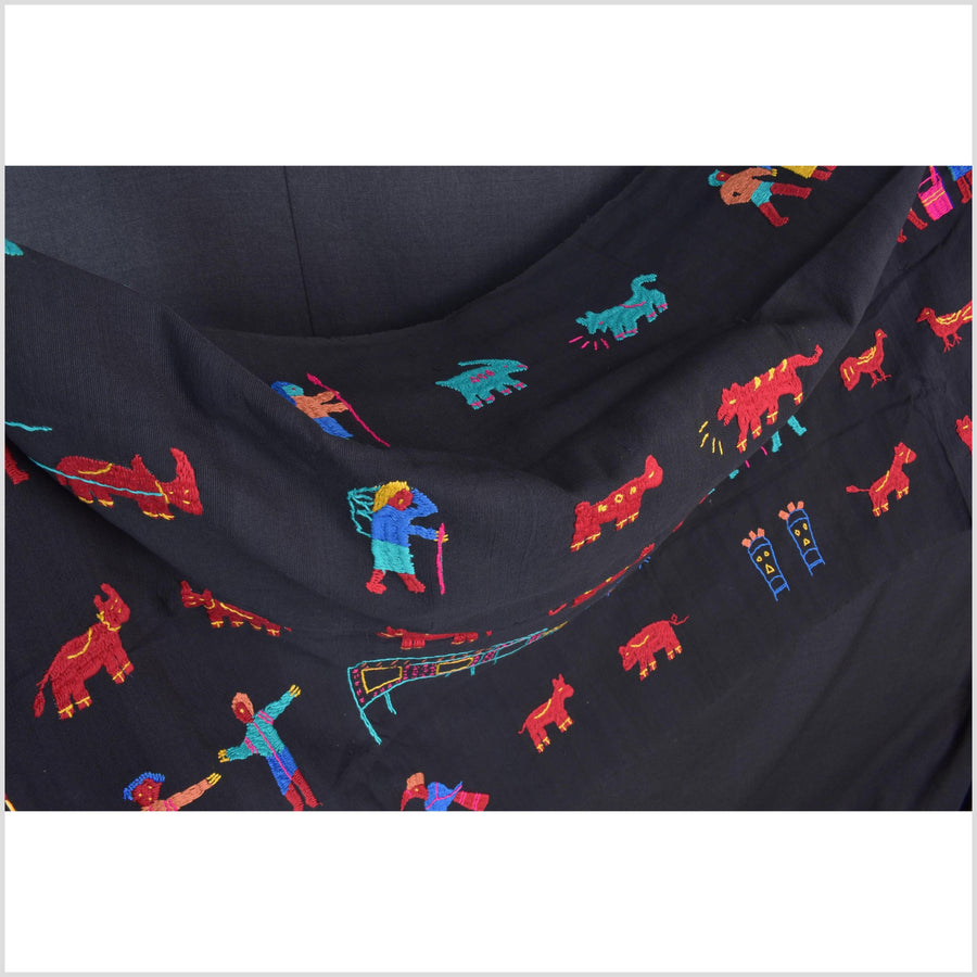 Electric black cotton story quilt Naga tribal textile ethnic embroidered boho fabric Burma hill tribe tapestry Thai India Hmong MP21