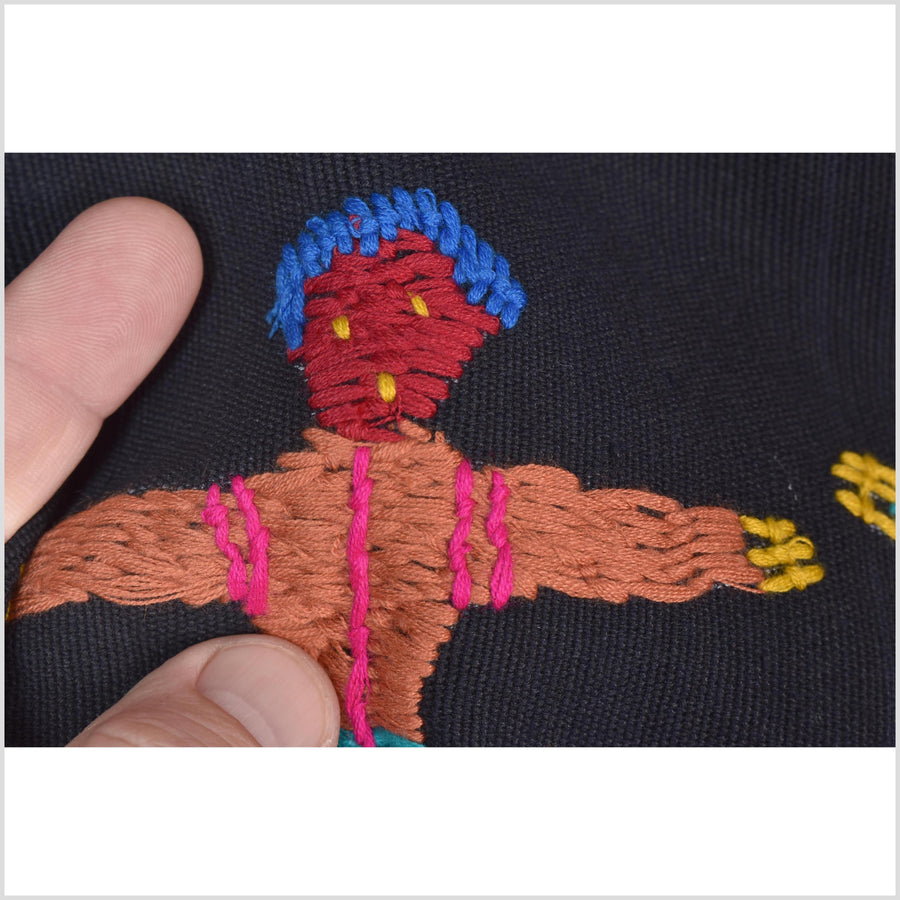 Electric black cotton story quilt Naga tribal textile ethnic embroidered boho fabric Burma hill tribe tapestry Thai India Hmong MP21