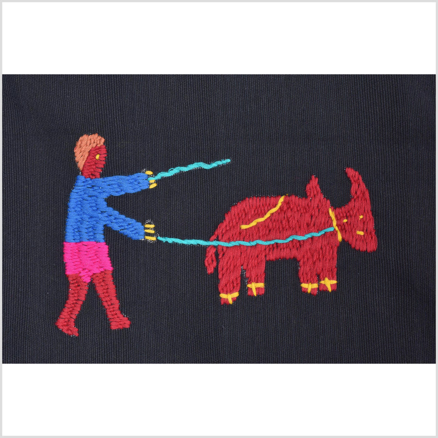 Electric black cotton story quilt Naga tribal textile ethnic embroidered boho fabric Burma hill tribe tapestry Thai India Hmong MP21