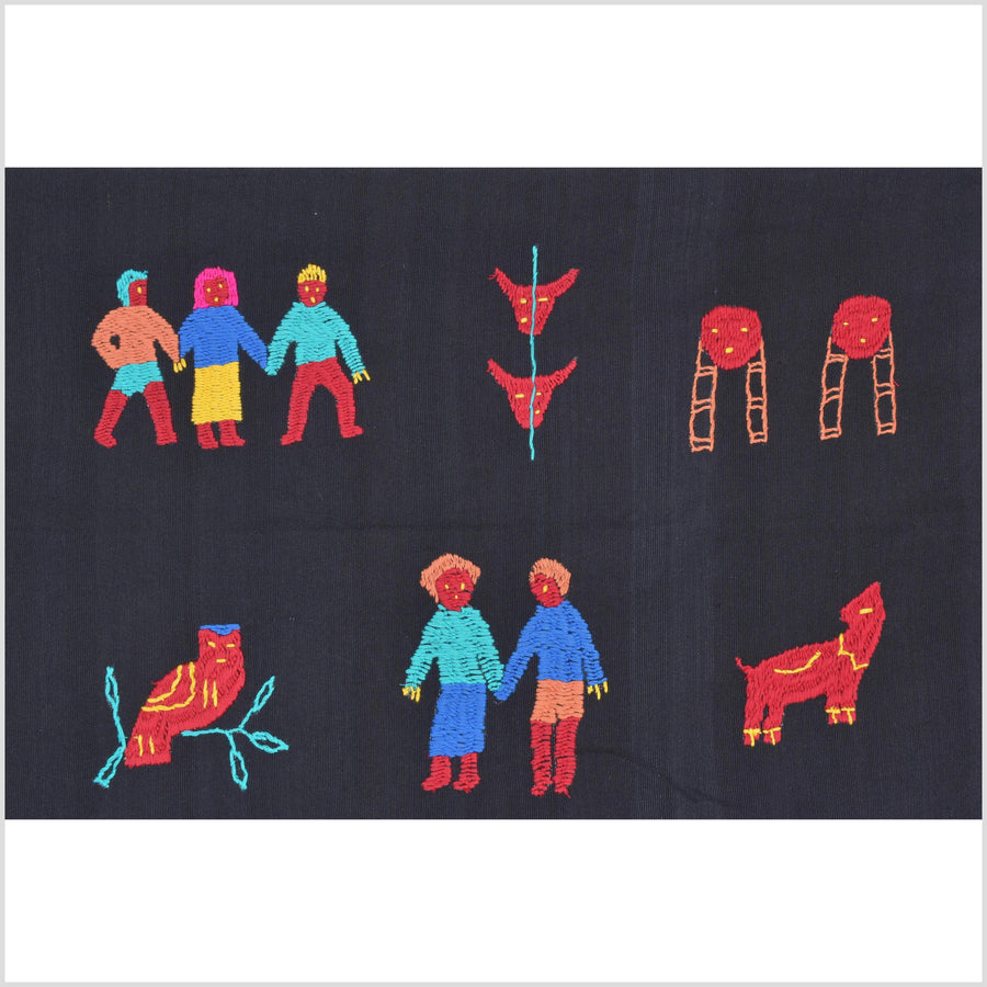 Electric black cotton story quilt Naga tribal textile ethnic embroidered boho fabric Burma hill tribe tapestry Thai India Hmong MP21