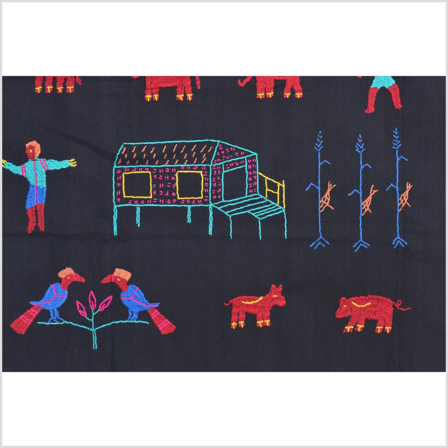 Electric black cotton story quilt Naga tribal textile ethnic embroidered boho fabric Burma hill tribe tapestry Thai India Hmong MP21