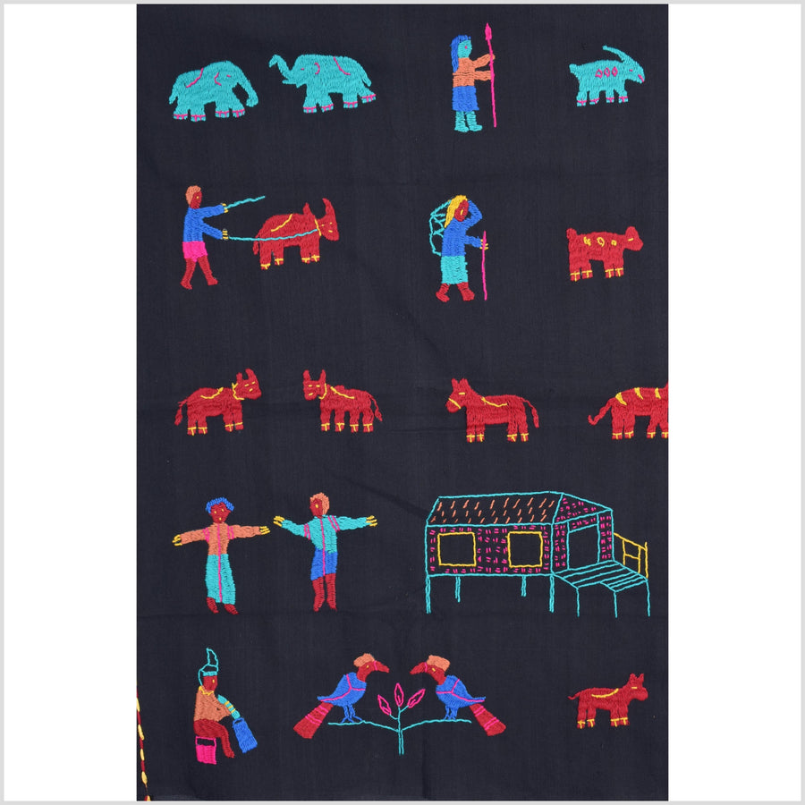 Electric black cotton story quilt Naga tribal textile ethnic embroidered boho fabric Burma hill tribe tapestry Thai India Hmong MP21